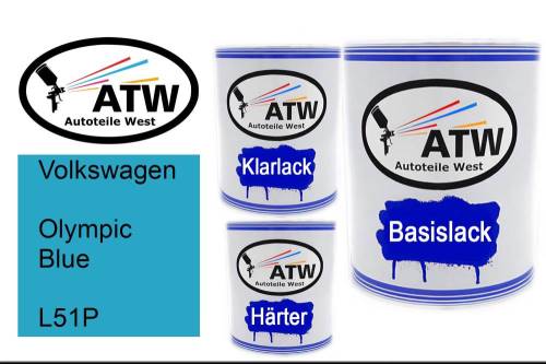 Volkswagen, Olympic Blue, L51P: 1L Lackdose + 1L Klarlack + 500ml Härter - Set, von ATW Autoteile West.